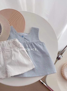 女宝宝夏装2025套装新款洋气上衣短裤韩版吊带无袖女童小女孩格子