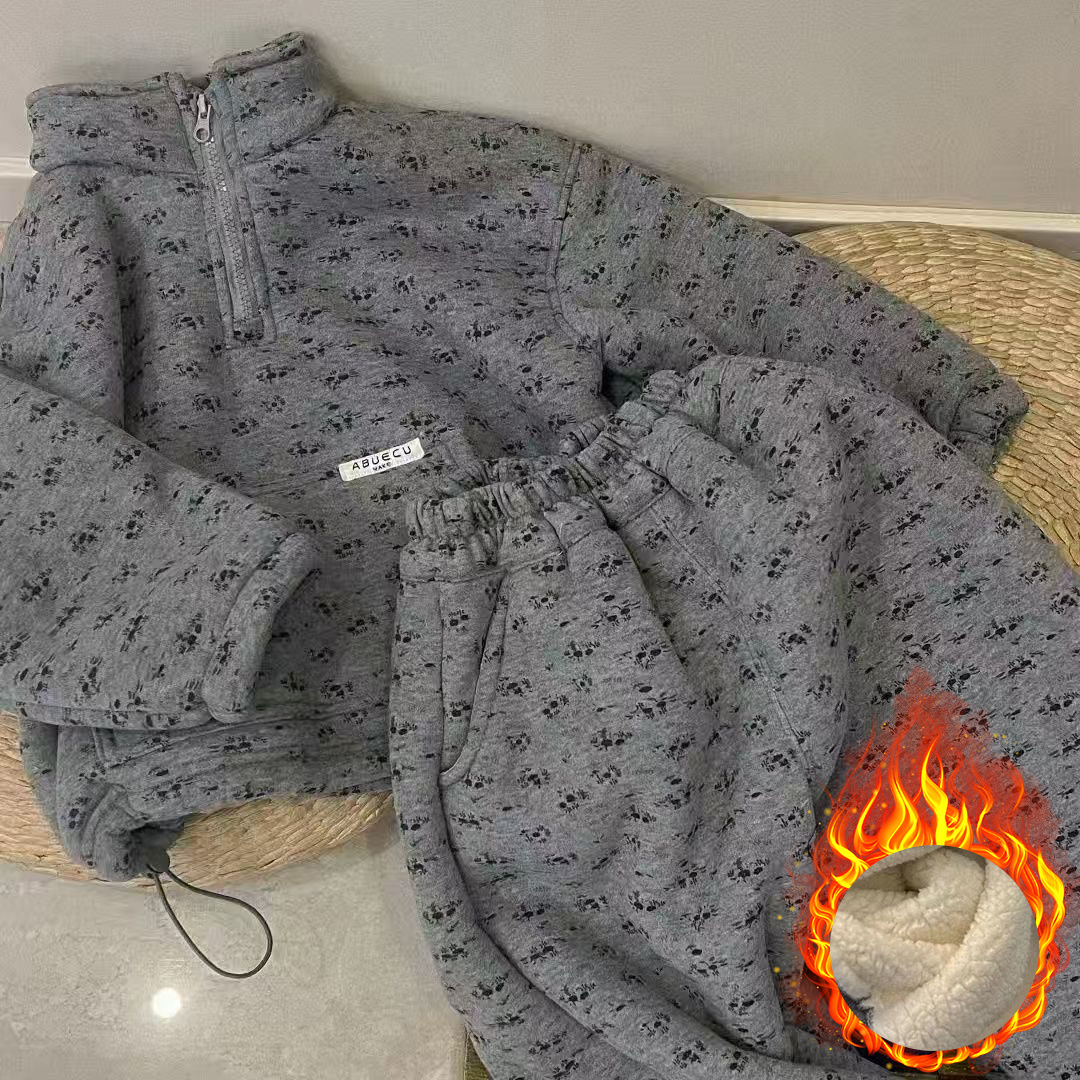 女童韩版加绒套装秋冬季新款儿童洋气碎花加厚绒卫衣卫裤两件套潮