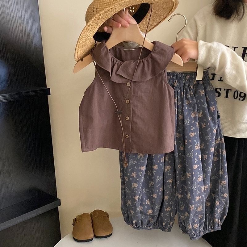 女童森系套装夏季2026新款女童夏套装女宝宝洋气荷叶边背心奶奶裤