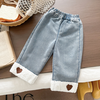 女童洋气冬装加绒加厚直筒裤女宝宝保暖阔腿裤牛仔裤童装百搭裤子