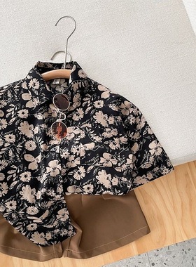 儿童衬衣男炸街夏薄款时尚休闲短袖翻领男童花衬衫潮套装度假港风