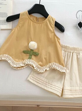 女童夏天套装2025夏季新款韩版花边上衣短裤套装小女孩无袖两件套