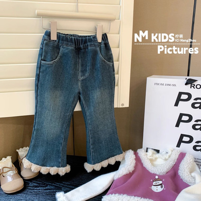 女童秋冬加绒牛仔裤喇叭裤潮