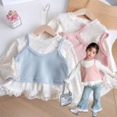 女童打底衫 中小童背心T恤 新款 吊带两件套女宝蕾丝花边长袖 T恤秋季