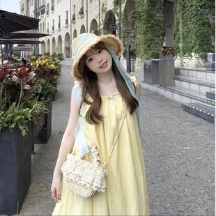 多巴胺法式甜美奶黄色小飞袖连衣裙女夏季小个子海边度假中长裙子