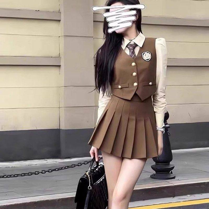 韩剧学院风套装女秋季小个子英伦西装马甲衬衫百褶裙jk制服三件套