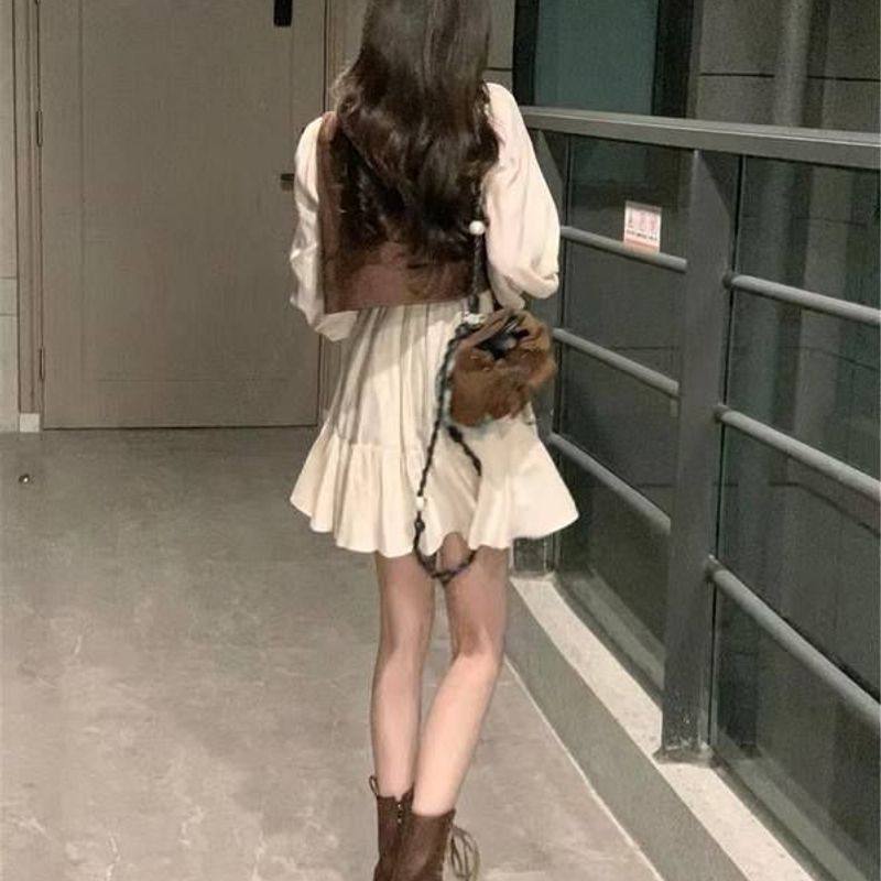 复古风叠穿马甲背心春季新款长袖宽松连衣裙港风百搭裙子两件套装