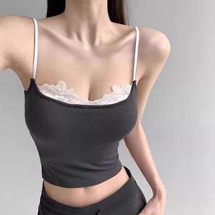甜美芭蕾拼接蕾丝边紧身吊带背心女纯欲夏季辣妹外穿短款打底上衣