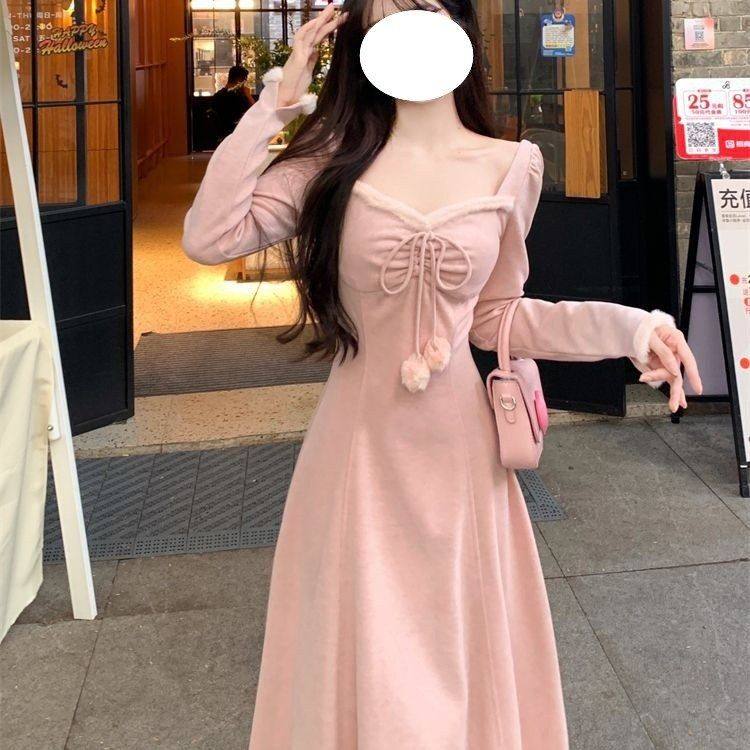 【原版面料】秋冬纯欲风内搭粉色长袖连衣裙2025新款高级感法式长,女装/女士精品,连衣裙,淘宝优惠券,粉丝福利购,淘宝优惠卷