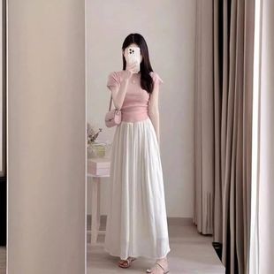 夏季小个子盐系穿搭粉色短袖上衣半身裙气质轻熟小香风两件套装女