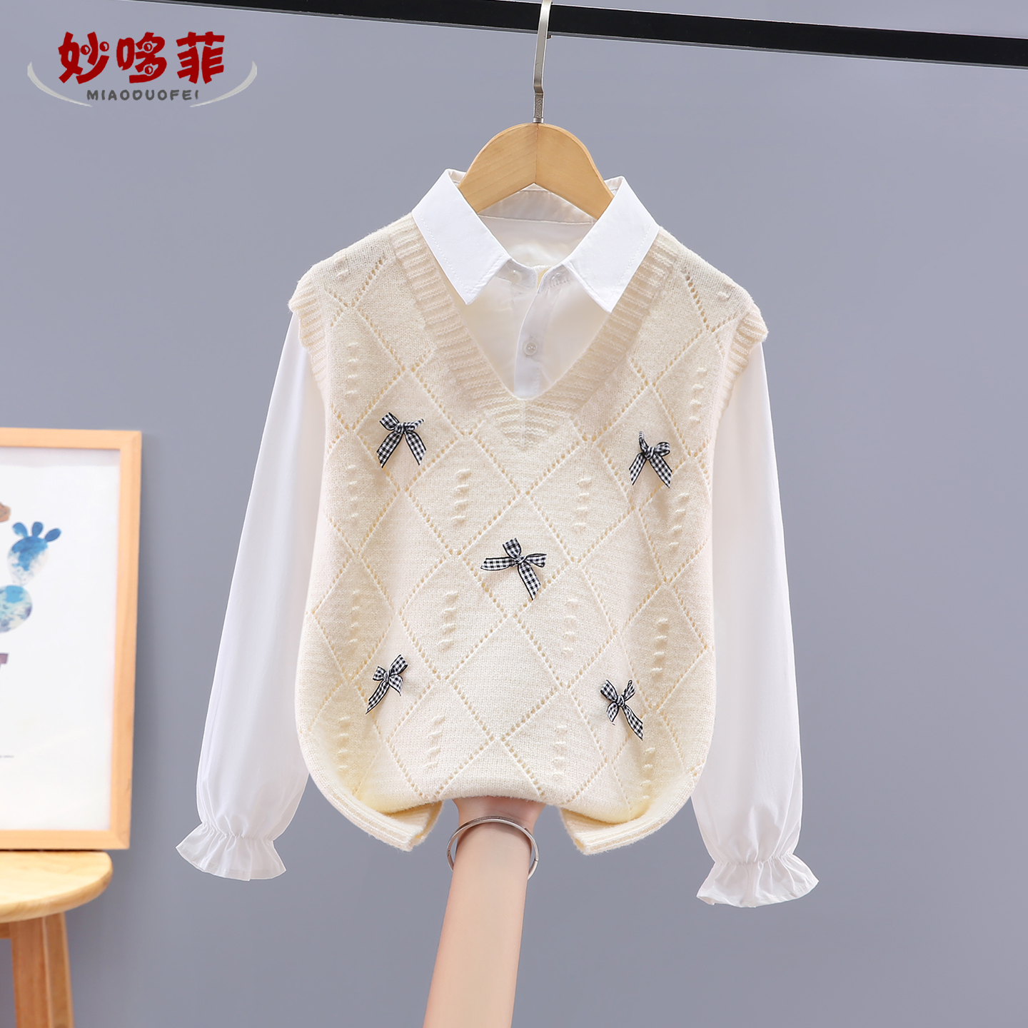 女童毛衣春秋2025新款儿童针织假两件女宝毛线衣大童早秋女孩上衣