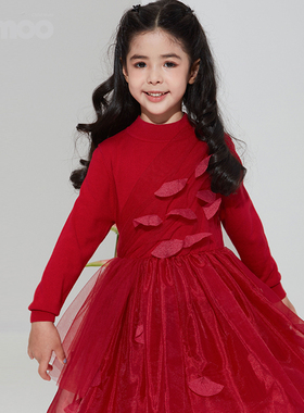 淇木Qimoo童装春新品女童时尚网纱拼接长袖公主连衣裙QMT1LC107A