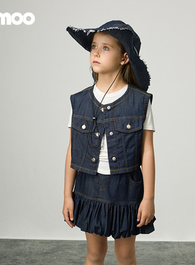 Qimoo淇木25夏季新款童装女童时尚短款牛仔马甲QSS2AP231B