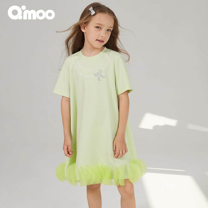 Qimoo/淇木25春季新款童装女立体花边烫钻蝴蝶结连衣裙QSS1LC347C