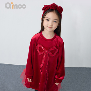 Qimoo淇木2025秋冬新款 女童蝴蝶结可爱氛围感连衣裙QSS4LP416D