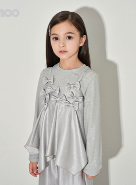 Qimoo淇木26春季新款童装女童蝴蝶结不规则下摆上衣QWM1TP408D