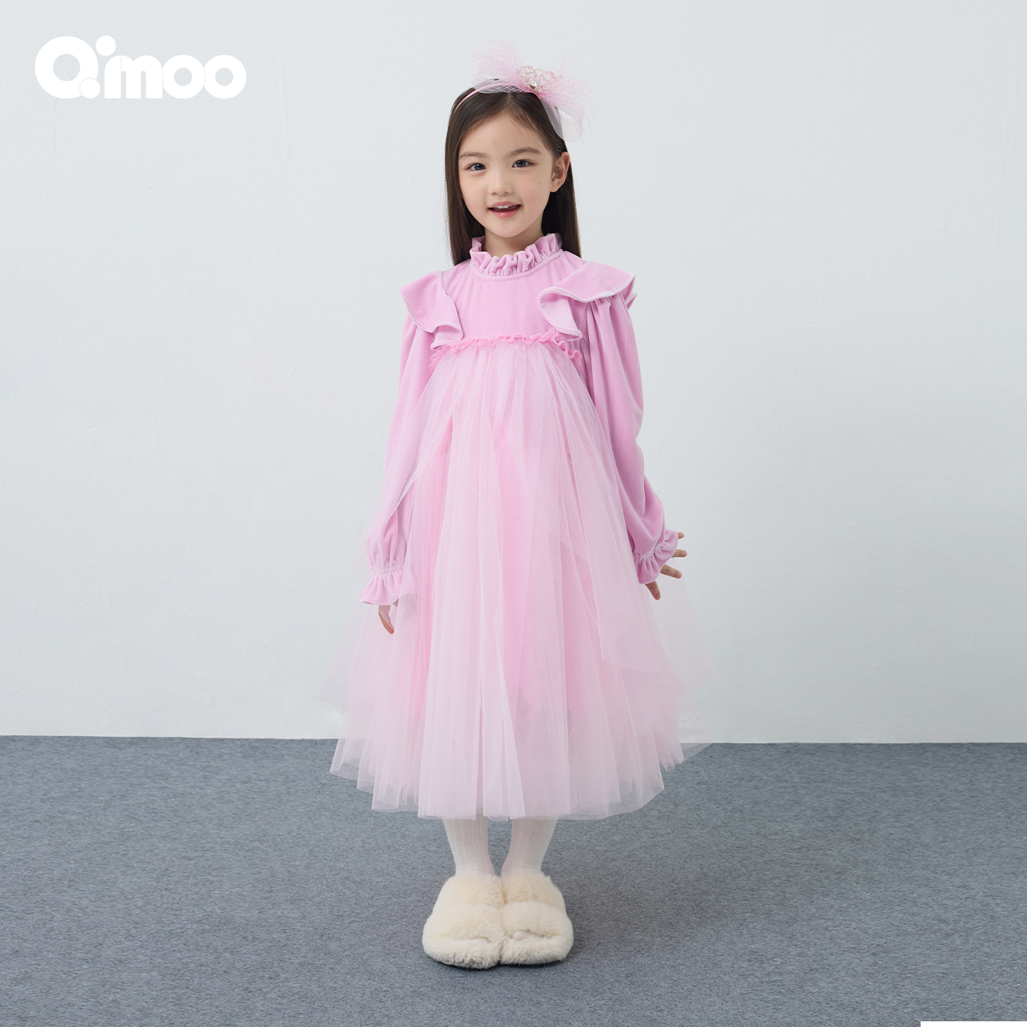 Qimoo淇木25冬季新款童装女童丝绒甜美网纱公主连衣裙QSS4LP121A