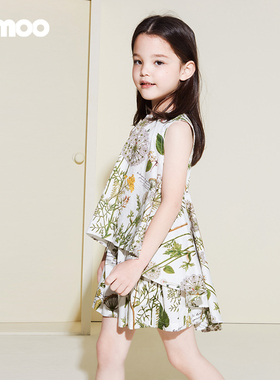 淇木Qimoo童装女童梦幻俏皮舒适植物印花坎袖小背心QMT2EC126A