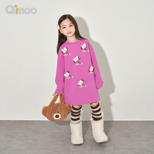 Qimoo淇木26春季新款童装女童可爱玩偶舒适柔软太空棉连衣裙