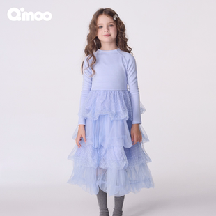 女童针织拼纱舒适公主连衣裙QSS3LP416D 童装 Qimoo淇木25秋季 新款