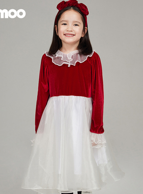 Qimoo/淇木25春季新款童装女童丝绒珍珠花边撞色连衣裙QSS1LP140A