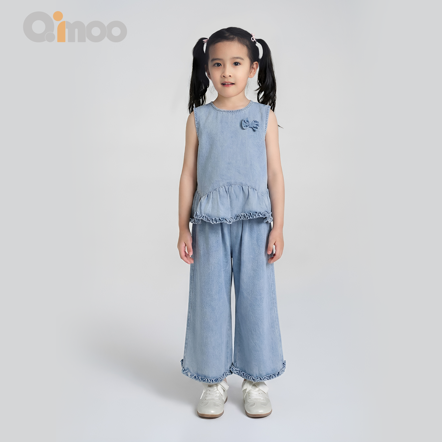 Qimoo淇木26夏季新款童装女童花边无袖上衣宽松裤子牛仔两件套装