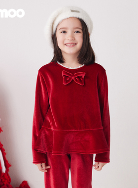 Qimoo/淇木冬季新款童装女童丝绒荷叶边长袖套头衫QCL4TP330C