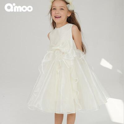 Qimoo/淇木春季新款童装女童蝴蝶结欧根纱拼接连衣裙QSS1LP310C
