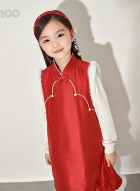 Qimoo淇木26年春季新款新年系列女童红色毛绒连衣裙QWM1LP108A