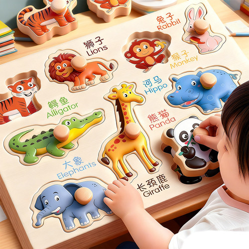 手抓板拼图蒙氏早教益智积木