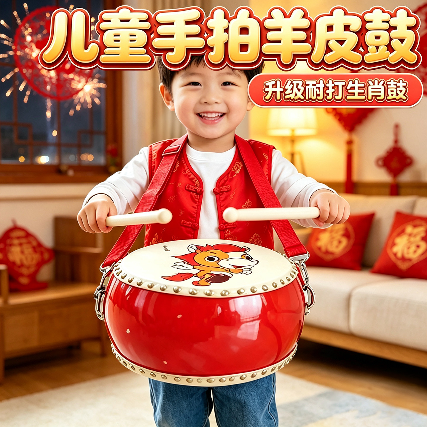 儿童生肖羊皮鼓玩具小鼓打击乐腰鼓乐器宝宝手拍敲打幼儿堂鼓玩具