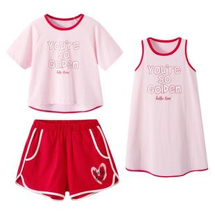 【3件套】三枪女童夏季薄款短袖8岁短裤纯棉睡裙红色短裤可爱优质