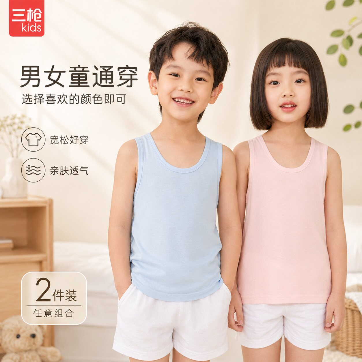 三枪儿童纯棉男女孩胖学生校活动服薄打底舒服弹力棉A类精品背心