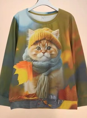 2025新款潮流枫叶可爱小猫卫衣日常简约百搭时尚宽松显瘦25719