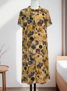 2025夏季新款土黄色短袖立领连衣裙宽松版型遮肉显瘦21072