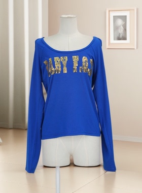 春秋爆款女圆领长袖印花长袖链条装饰小众设计T恤修身遮肉36818