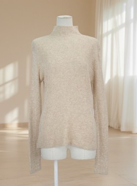 春秋新款半高领坑条针织衫女长袖显瘦气质羊绒衫秋冬上衣36424