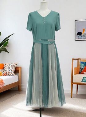 夏季爆款时尚撞色拼接网纱V领连衣裙收腰显瘦气质百搭21080