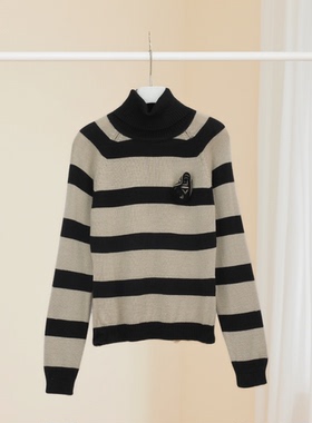 春秋新款复古条纹高领拉链针织长袖女黑白撞色显瘦百搭毛衣36916