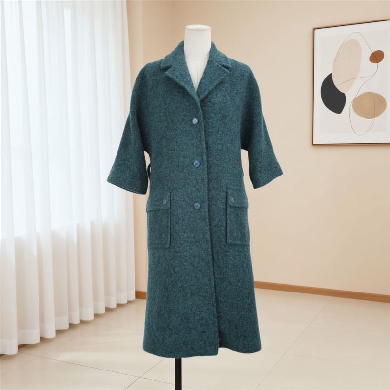 2026春季新款复古孔雀绿翻领大口袋七分袖韩版显瘦毛呢外套43772