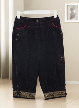 春秋新款复古工装风黑色牛仔中裤女口袋拼接休闲裤宽松长裤36106