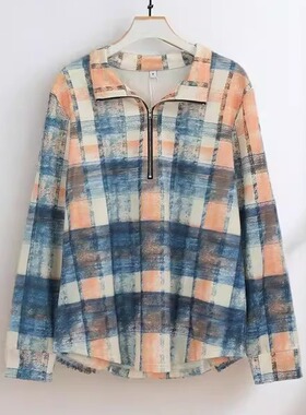 2025春秋新款女长袖T恤时尚百搭格子设计宽松显瘦上衣25638