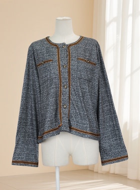 小香风粗花呢短外套女圆领撞色镶边金属扣时尚减龄气质百搭41762