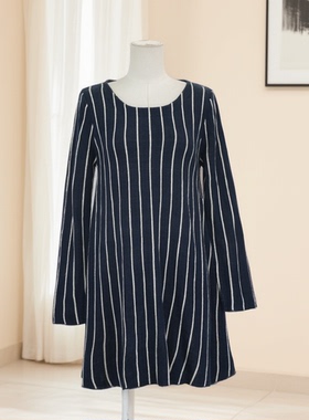 春秋爆款简约条纹连衣裙女长袖圆领宽松显瘦中长款气质裙36515