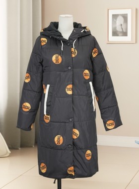 春秋新款黑色圆点印花中长款棉服女立领长袖加厚外套冬装36370