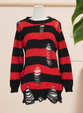 秋冬爆款女条纹拼色长袖镂空设计针织毛衣修身遮肉显瘦百搭37848