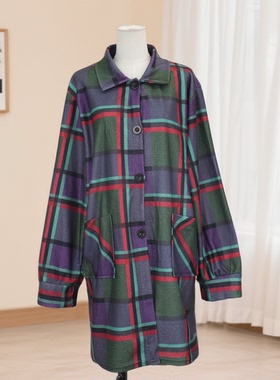 春秋新款复古格纹拼接翻领外套女中长款纽扣时尚休闲外套41816