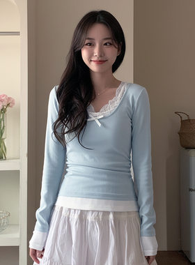 温柔甜美风蕾丝拼接蝴蝶结圆领上衣多巴胺少女假两件长袖T恤女装