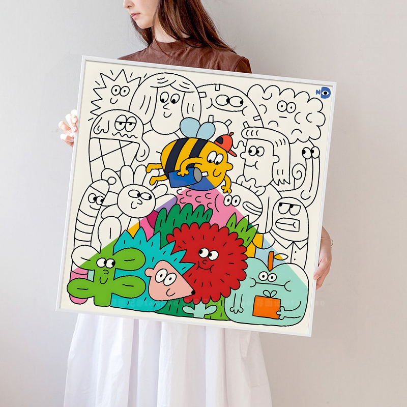 正方形小蜜蜂怪兽卡通动物装饰画内芯画布打印客餐厅玄关儿童房图片