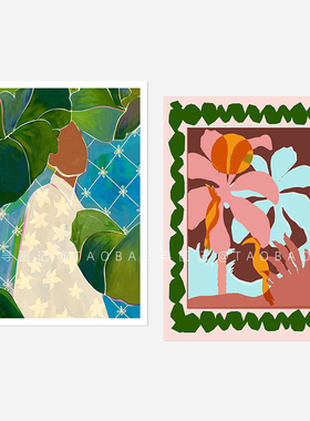 小众奶油文艺原木风格绿色树叶人物艺术纸质装饰画海报内芯不含框